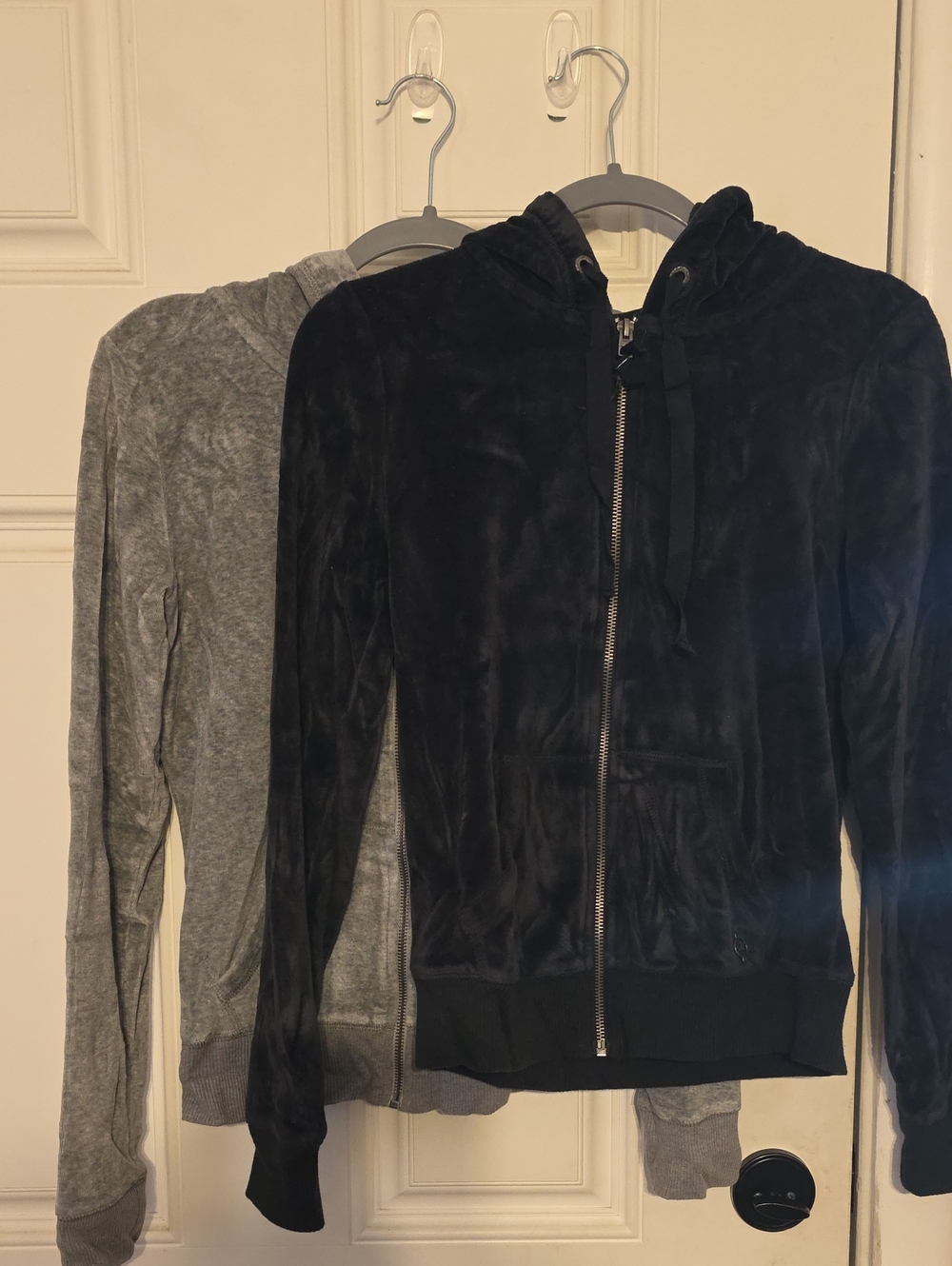Hollister Black And Grey Velour Zip Hoodie with Drawstring